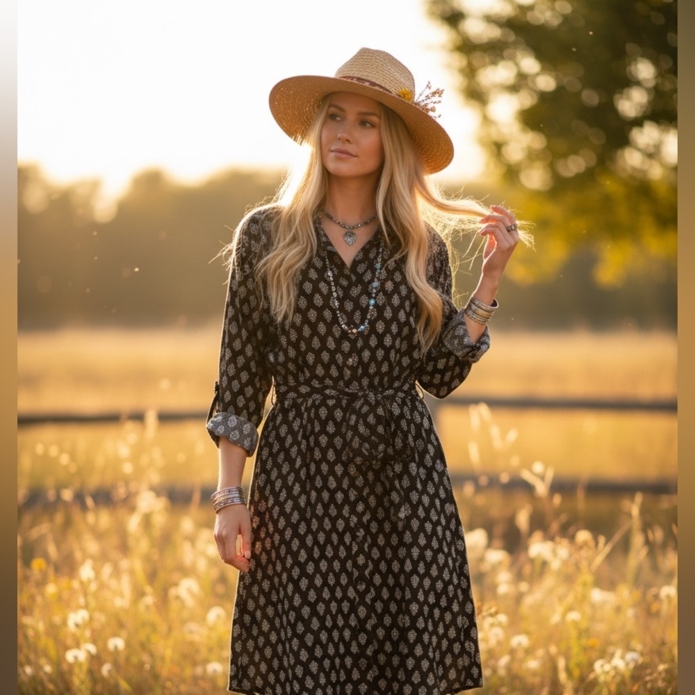 Free People Oversized Button-Front Belted Shirt Dress Black White Size M